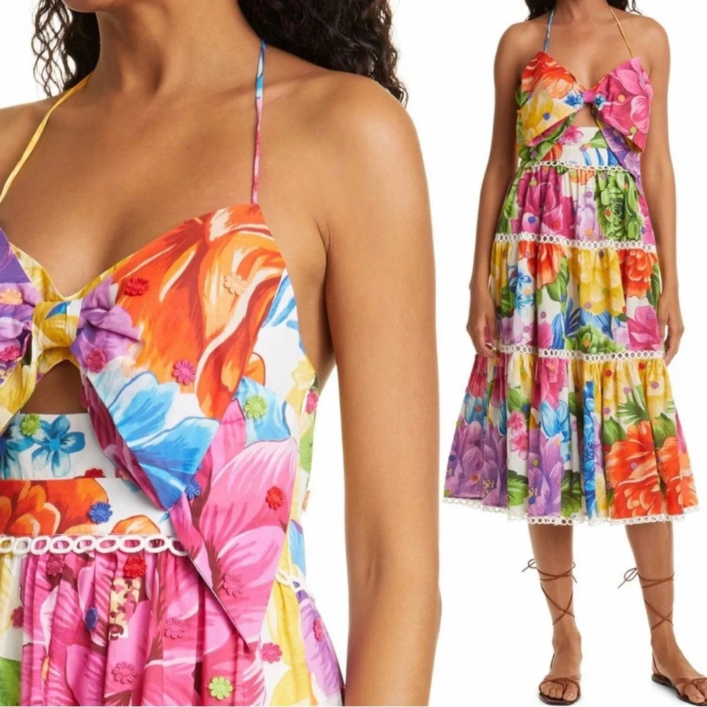 Farm Rio Chita Rainbow Floral Halter Dress New M - Picture 9 of 10